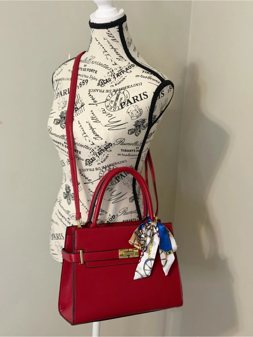 Red Structured Top-Handle Tote with Scarf Accent & Crossbody Strap